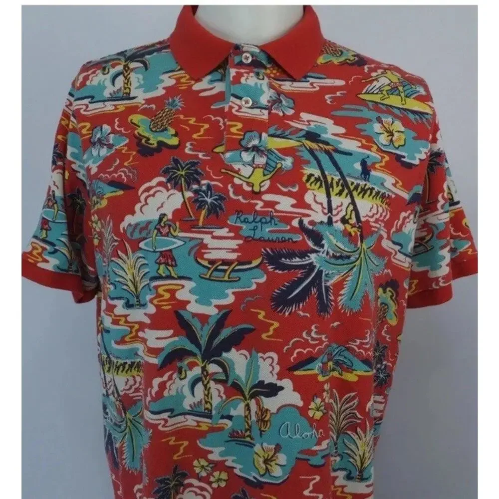 Polo Ralph Lauren Polo Shirt Mens Small Red Hawaiian Aloha AOP Surf Classic Fit